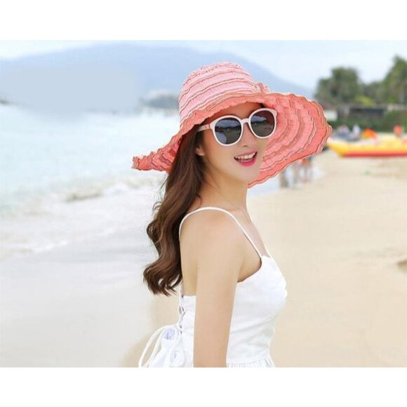 Womens Sun Straw Wide Brim Summer Foldable Roll Up Pink Hat main image 4